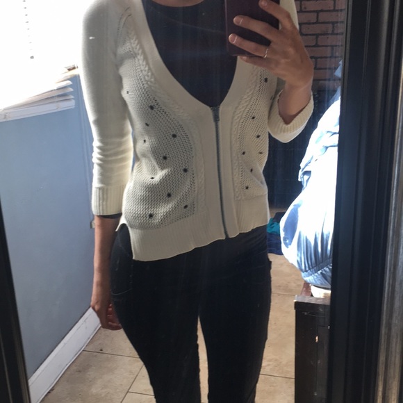 AMERICAN EAGLE Cream Knit Eyelet 1/2 Zip Cardigan - Picture 7 of 8